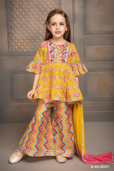 Floral Yellow Jaipuri Printed Sharara Set With Dupatta For Girls - Lagorii Kids