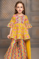 Floral Yellow Jaipuri Printed Sharara Set With Dupatta For Girls - Lagorii Kids
