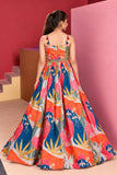 Multicolor Abstract Print Embellished Ethnic Gown For Girls