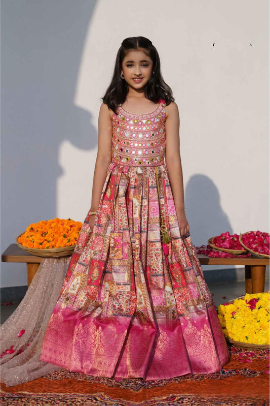 Gold Foil Printed Floral Pink Silk Lehenga Choli With Mirrorwork For Girls - Lagorii Kids