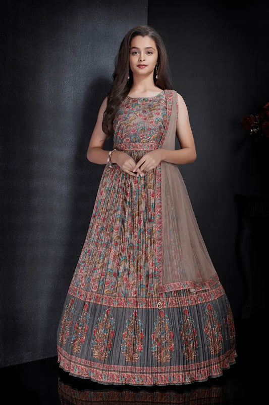Graceful Blooms: Girls' Deep Taupe Floral Anarkali Set with Dupatta.