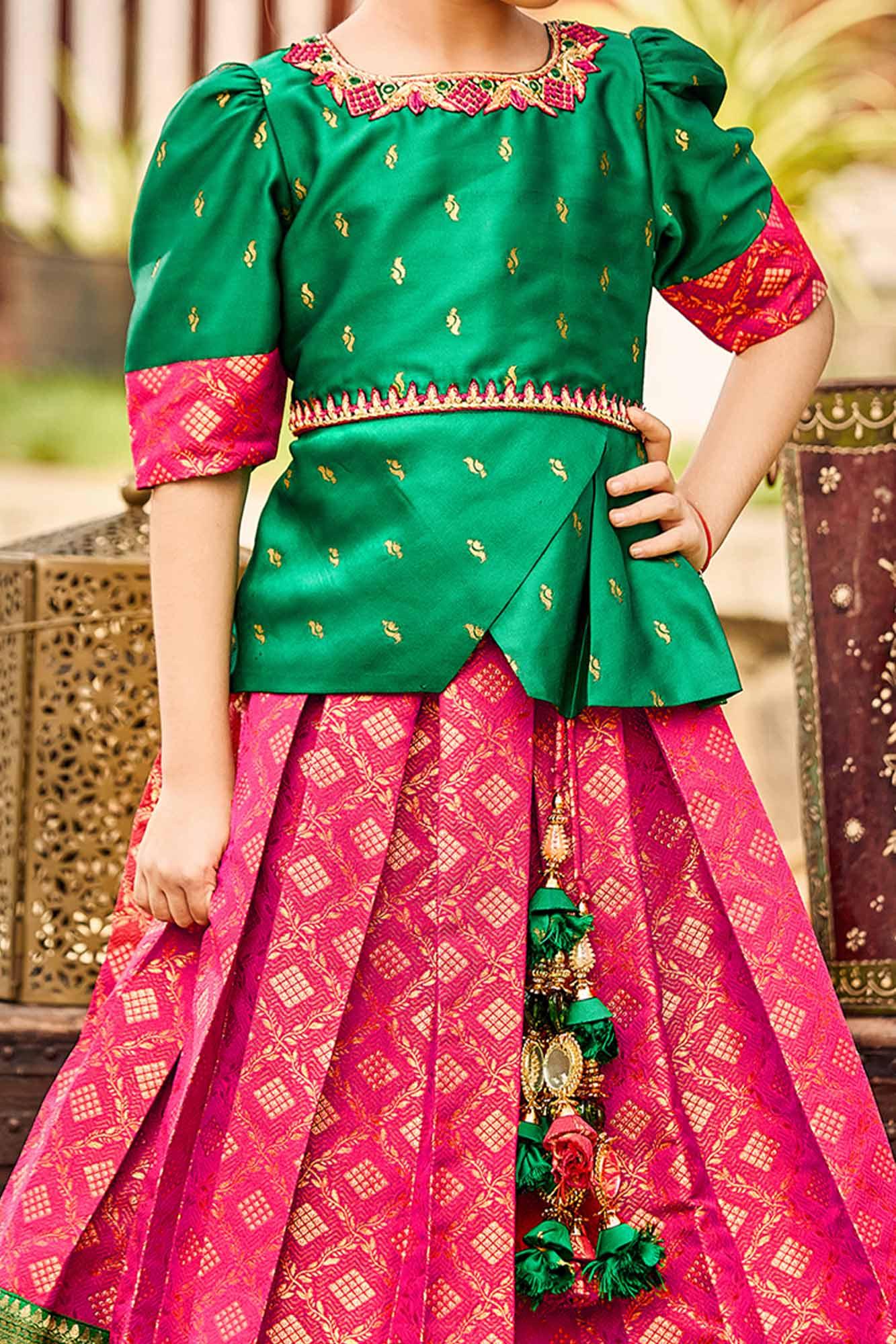Green and Pink Pattu Pavadai for Girls - Lagorii Kids