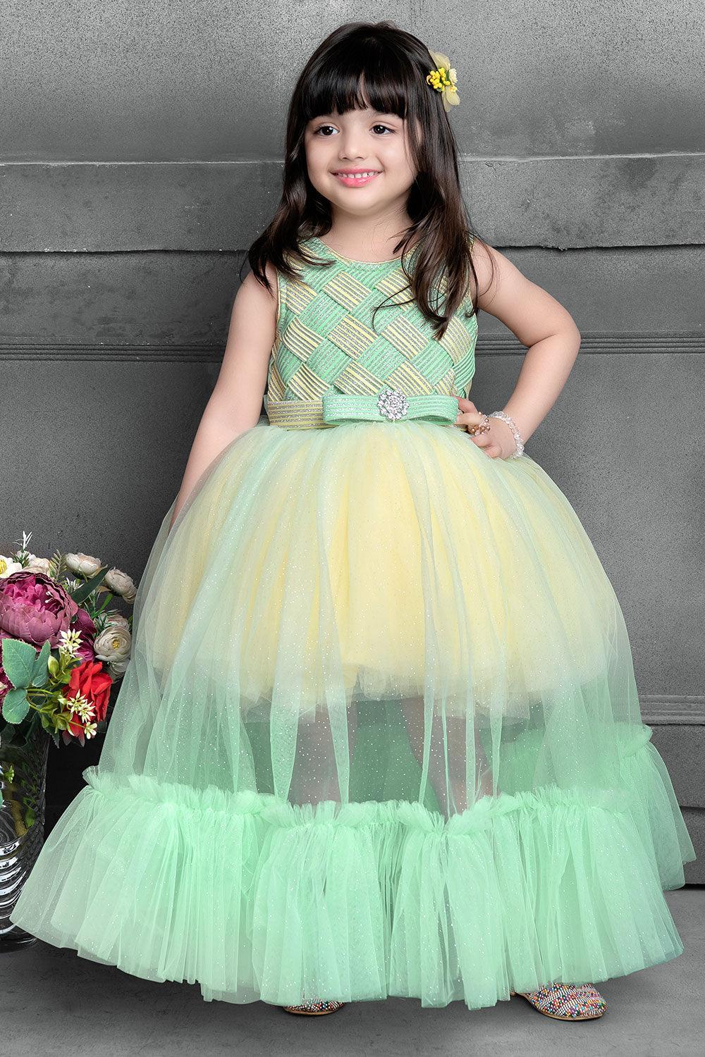 Green and Yellow frock with full length net. - Lagorii Kids