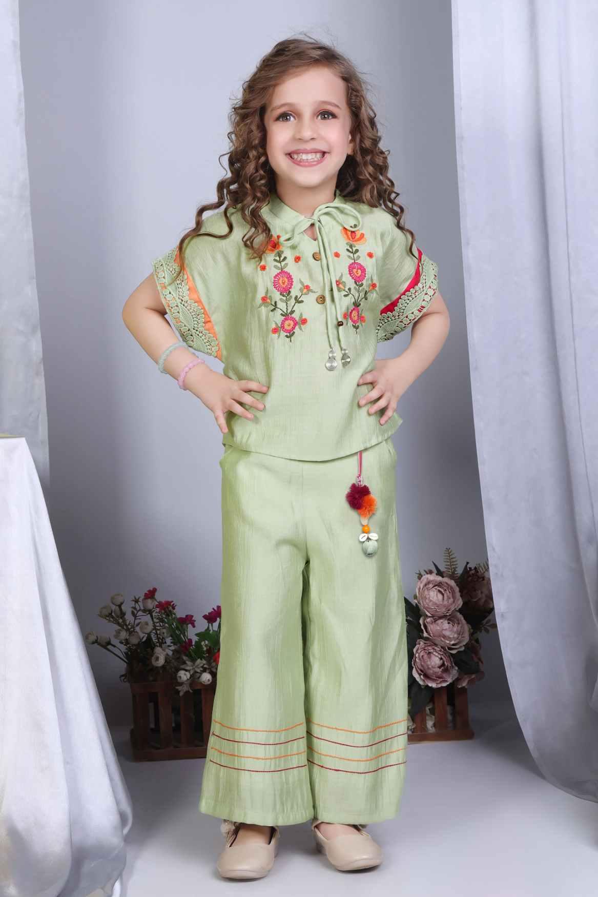 Green Co-Ord Set With Floral Embroidery For Girls - Lagorii Kids
