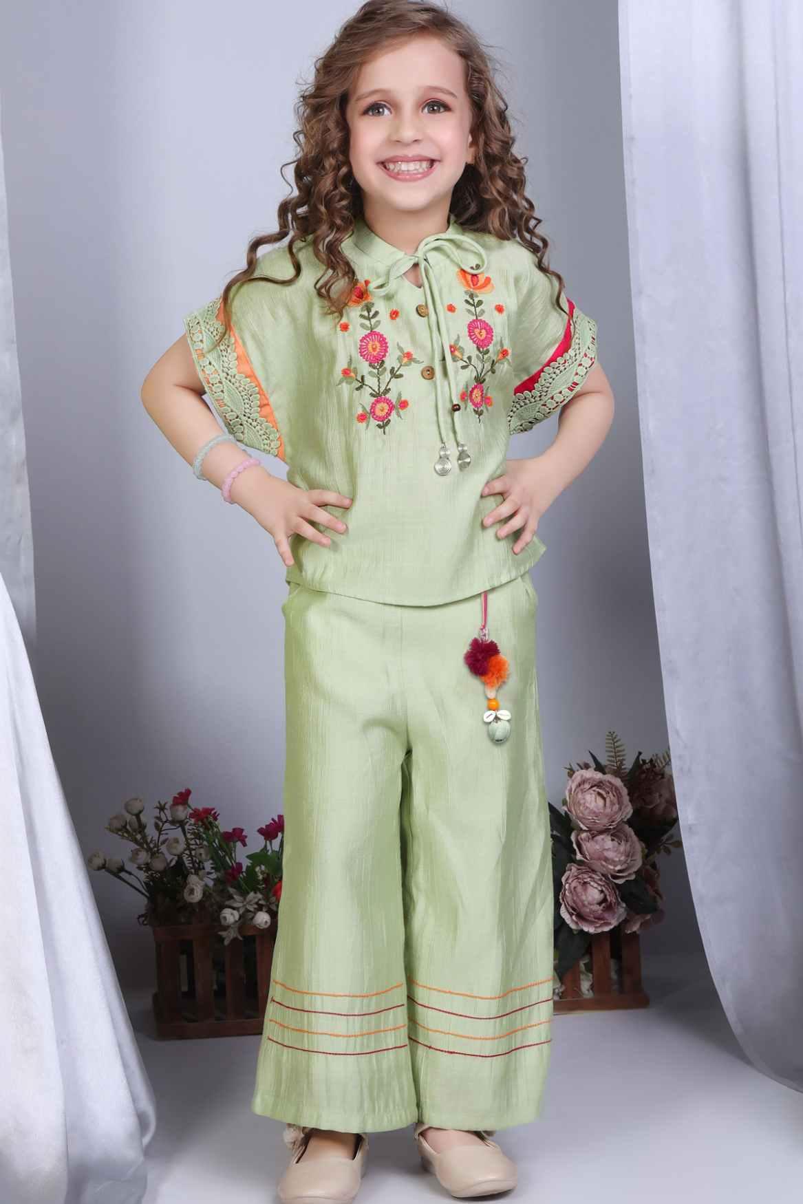 Green Co-Ord Set With Floral Embroidery For Girls - Lagorii Kids