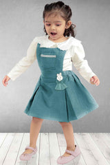 Green Dungaree Set With White Top For Girls - Lagorii Kids