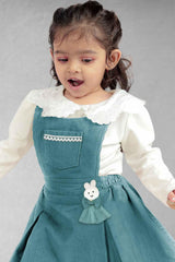 Green Dungaree Set With White Top For Girls - Lagorii Kids