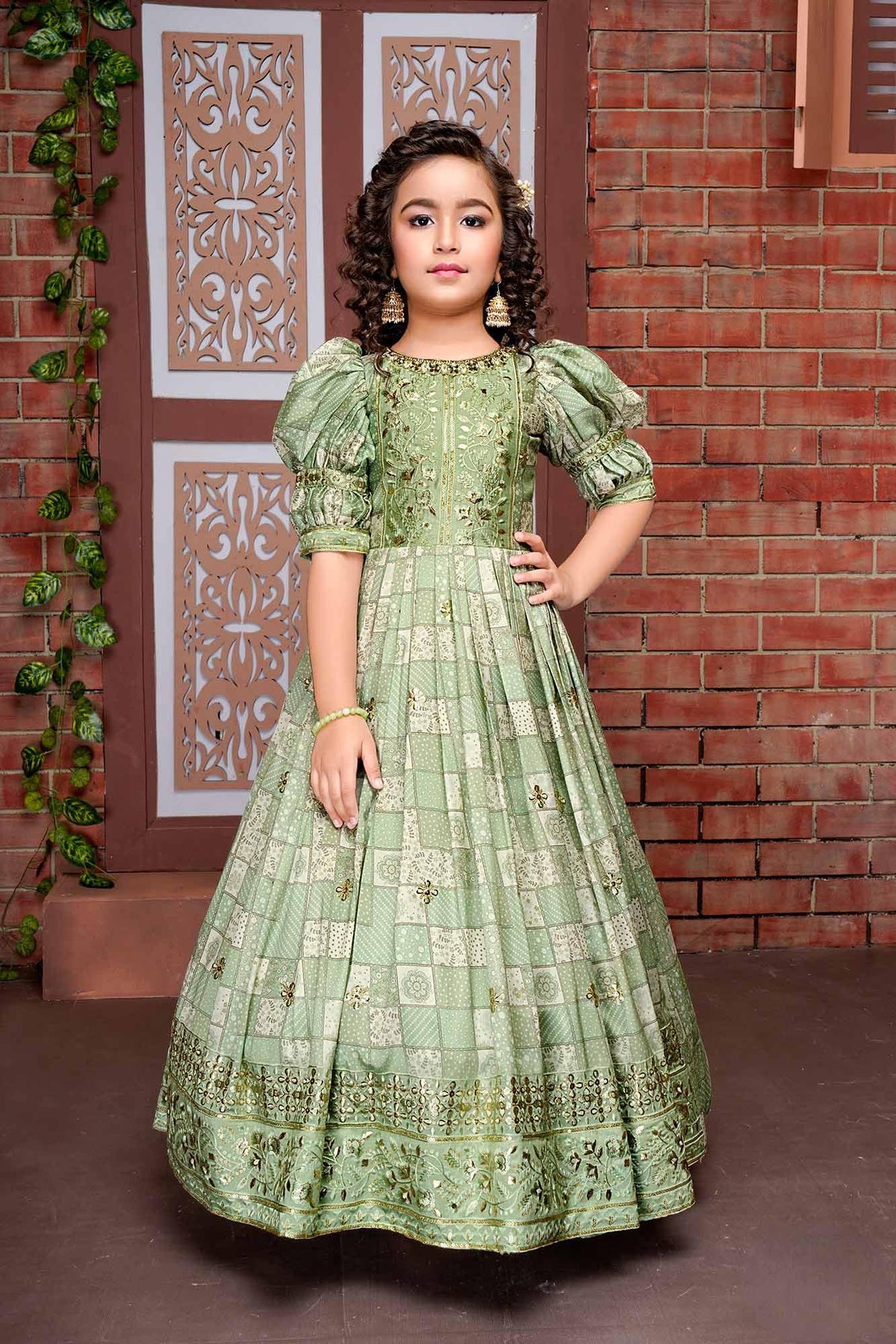 Green Ethnic Gown for Girls - Lagorii Kids