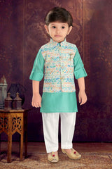 Green kurta with colourful coat set - Lagorii Kids