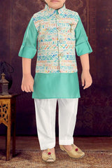 Green kurta with colourful coat set - Lagorii Kids