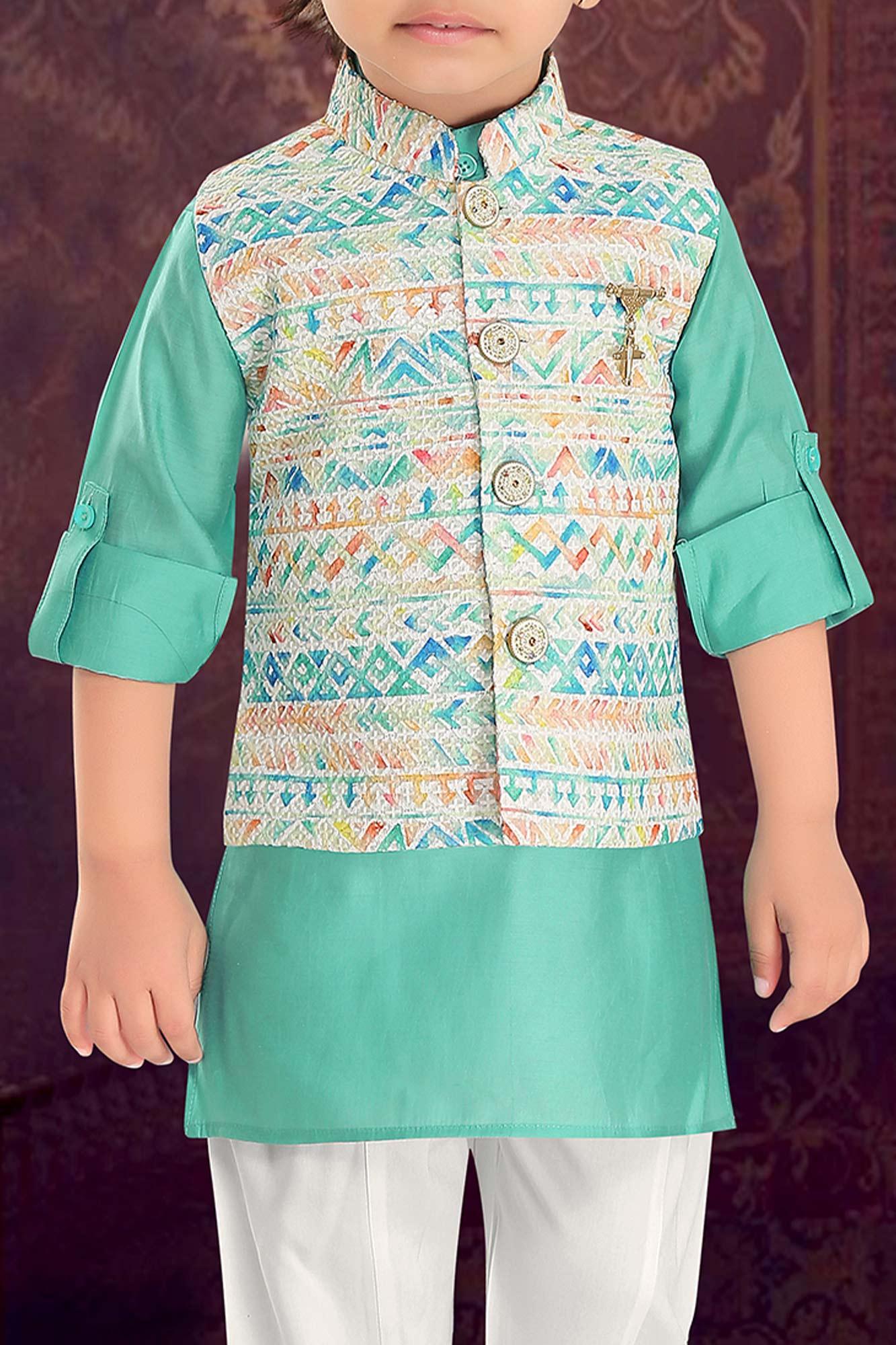 Green kurta with colourful coat set - Lagorii Kids