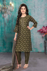 Green Kurti with Straight Pants and Dupatta - Lagorii Kids