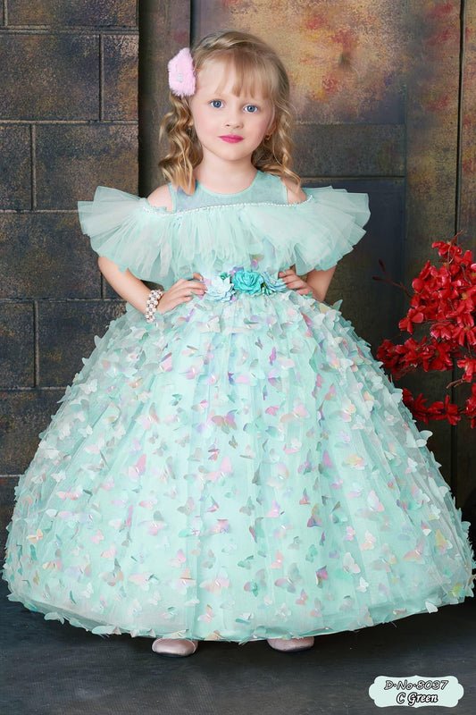 Green Party Gown With Butterfly Embellishments For Girls - Lagorii Kids