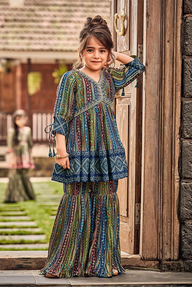 Green Printed Aliya Cut Sharara Set - Lagorii Kids