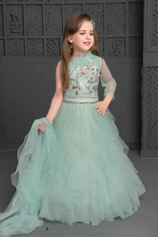 Green Sequin Ghagra-Choli Set With Asymmetric Ruffled Sleeves For Girls - Lagorii Kids