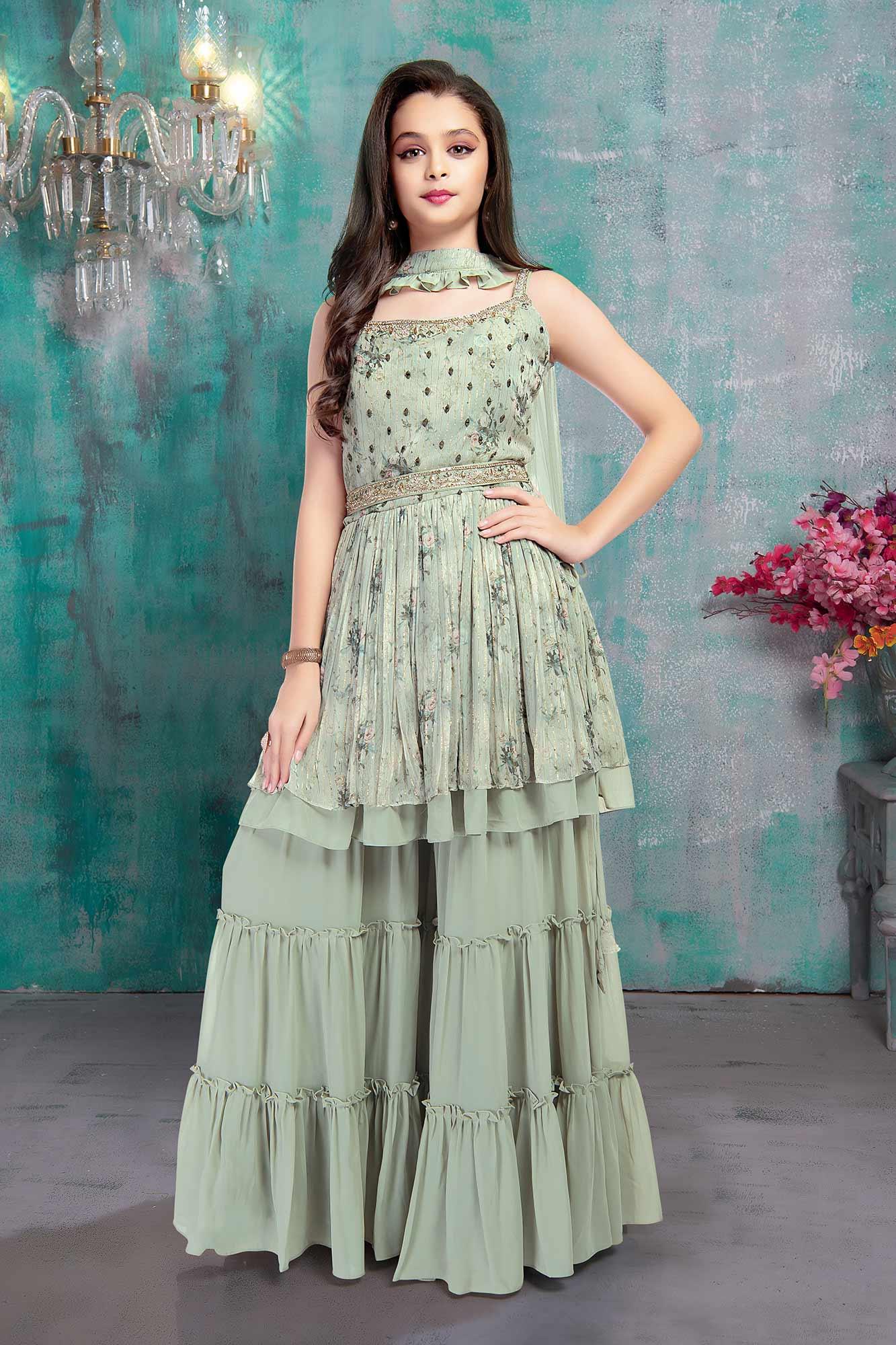 Green Sharara set with Dupatta - Lagorii Kids