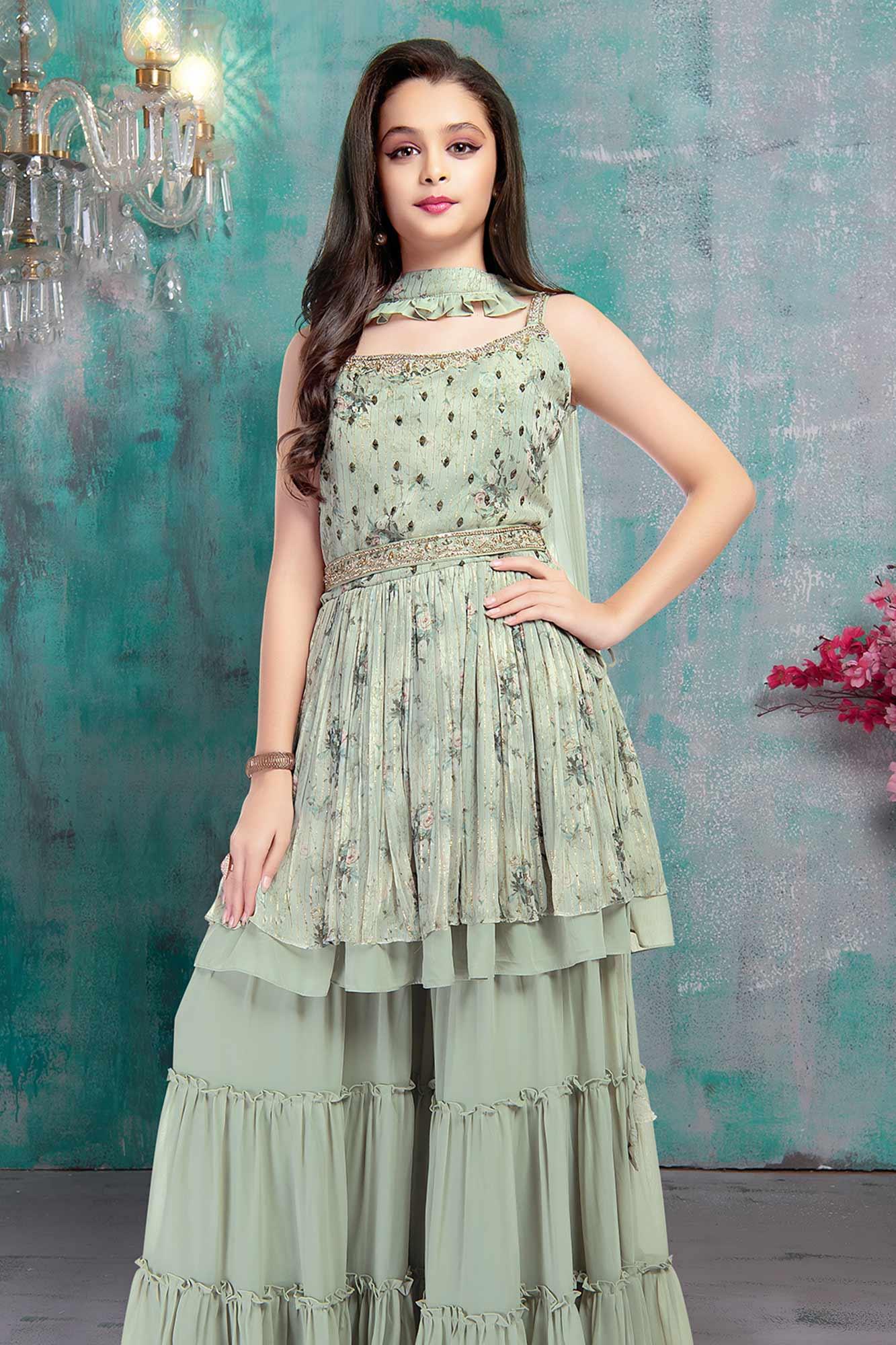 Green Color Designer Delight ruffle palazzo suit