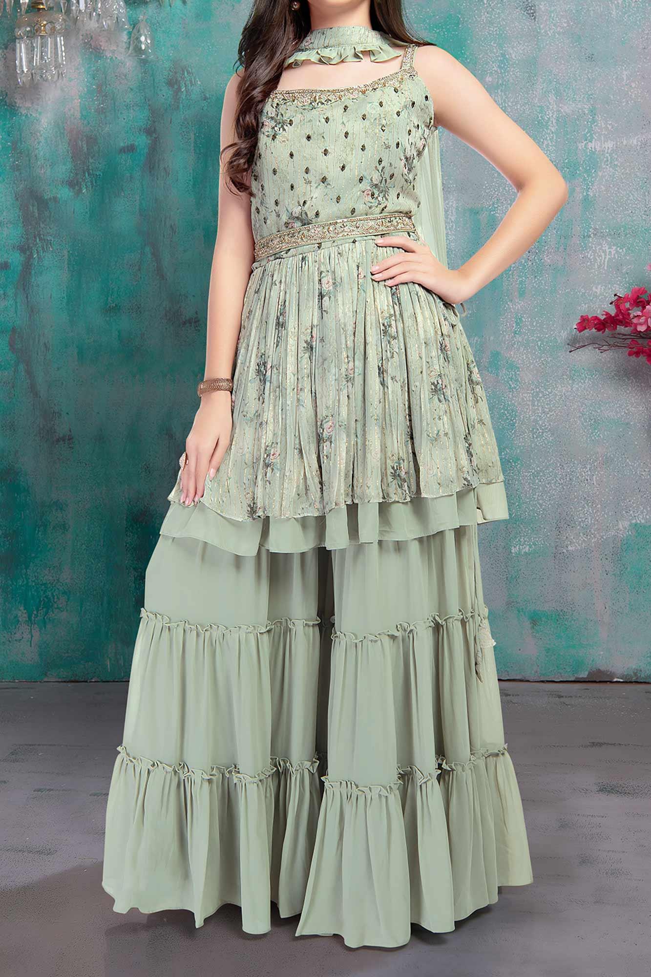 Green Sharara set with Dupatta - Lagorii Kids