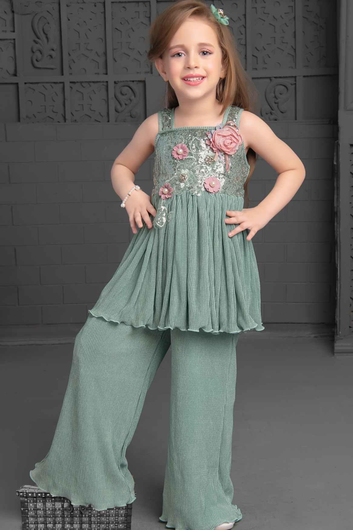 Green Sharara With Floral Embroidery Set For Girls - Lagorii Kids
