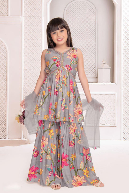 Grey Aliya Cut Sharara Set With Floral Print For Girls - Lagorii Kids