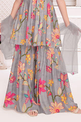 Grey Aliya Cut Sharara Set With Floral Print For Girls - Lagorii Kids