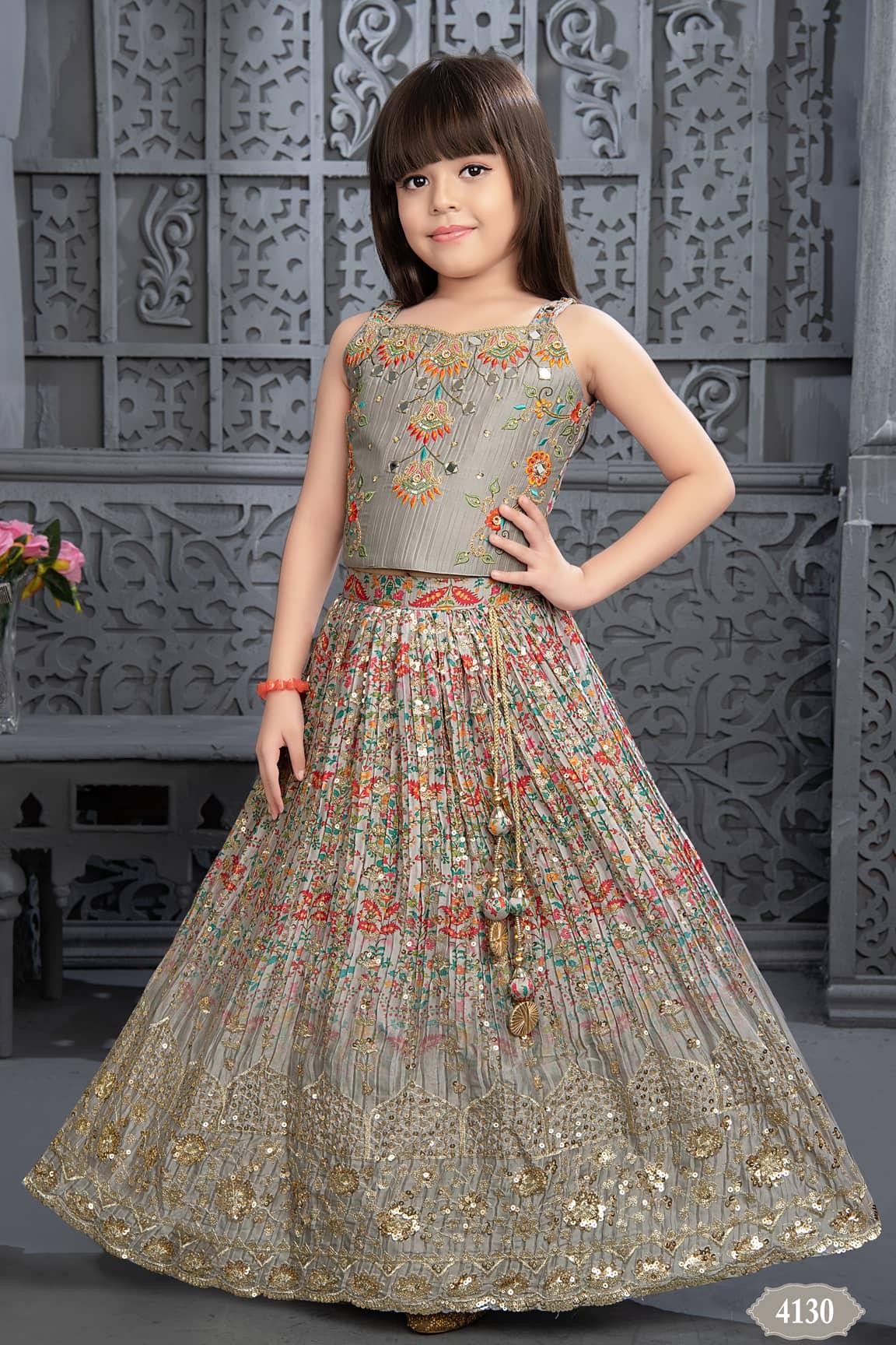 Grey Lehenga Choli With Embroidery For Girls - Lagorii Kids