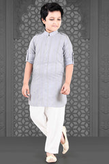Grey Pathani Set With White Pant For Boys - Lagorii Kids