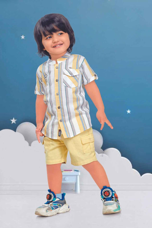 Grey Printed Shirt And Cream Shorts Set For Boys - Lagorii Kids