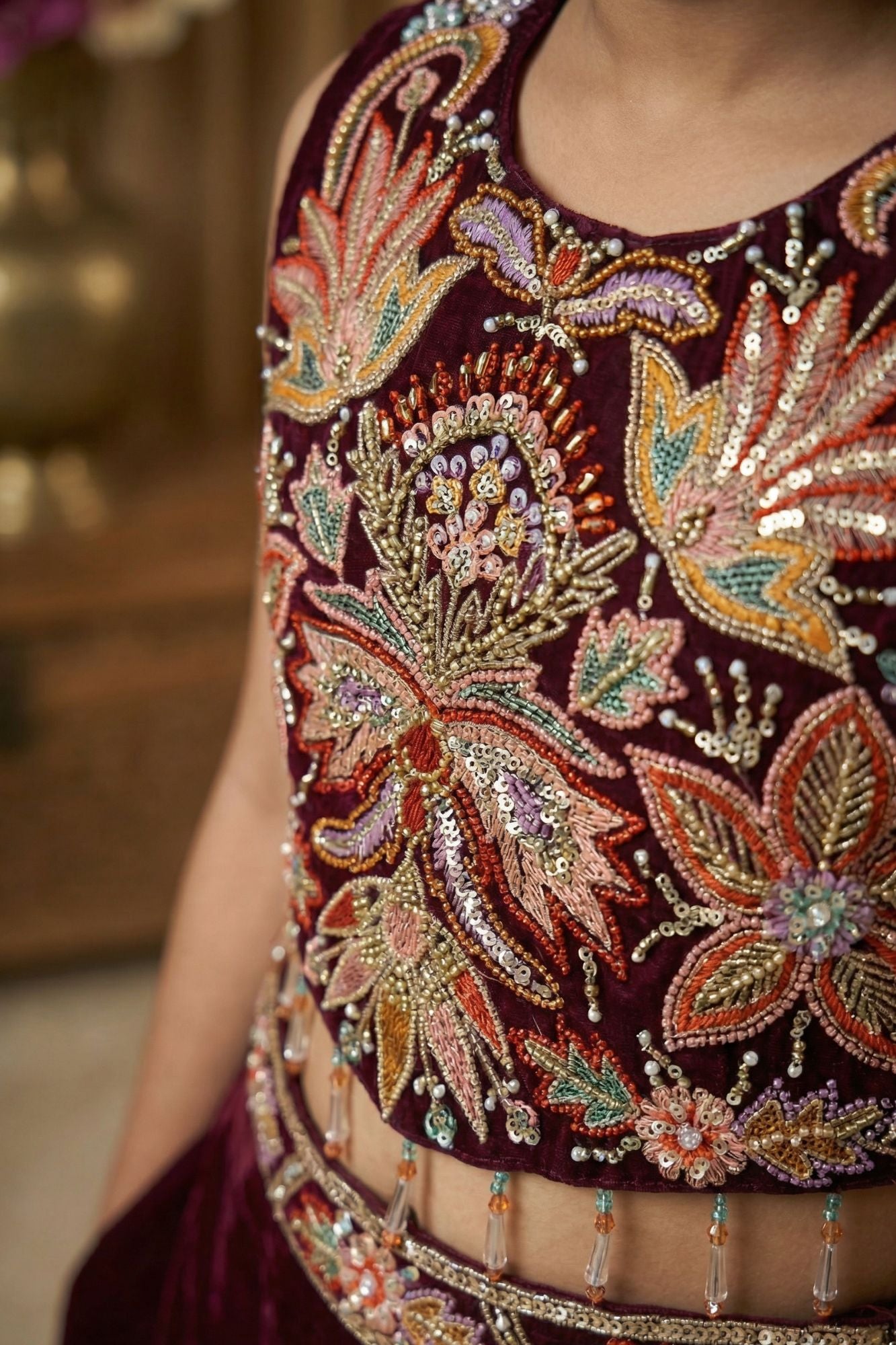 Maroon Sequins Work With Thread Embroidery For Palazzo Set For Girls