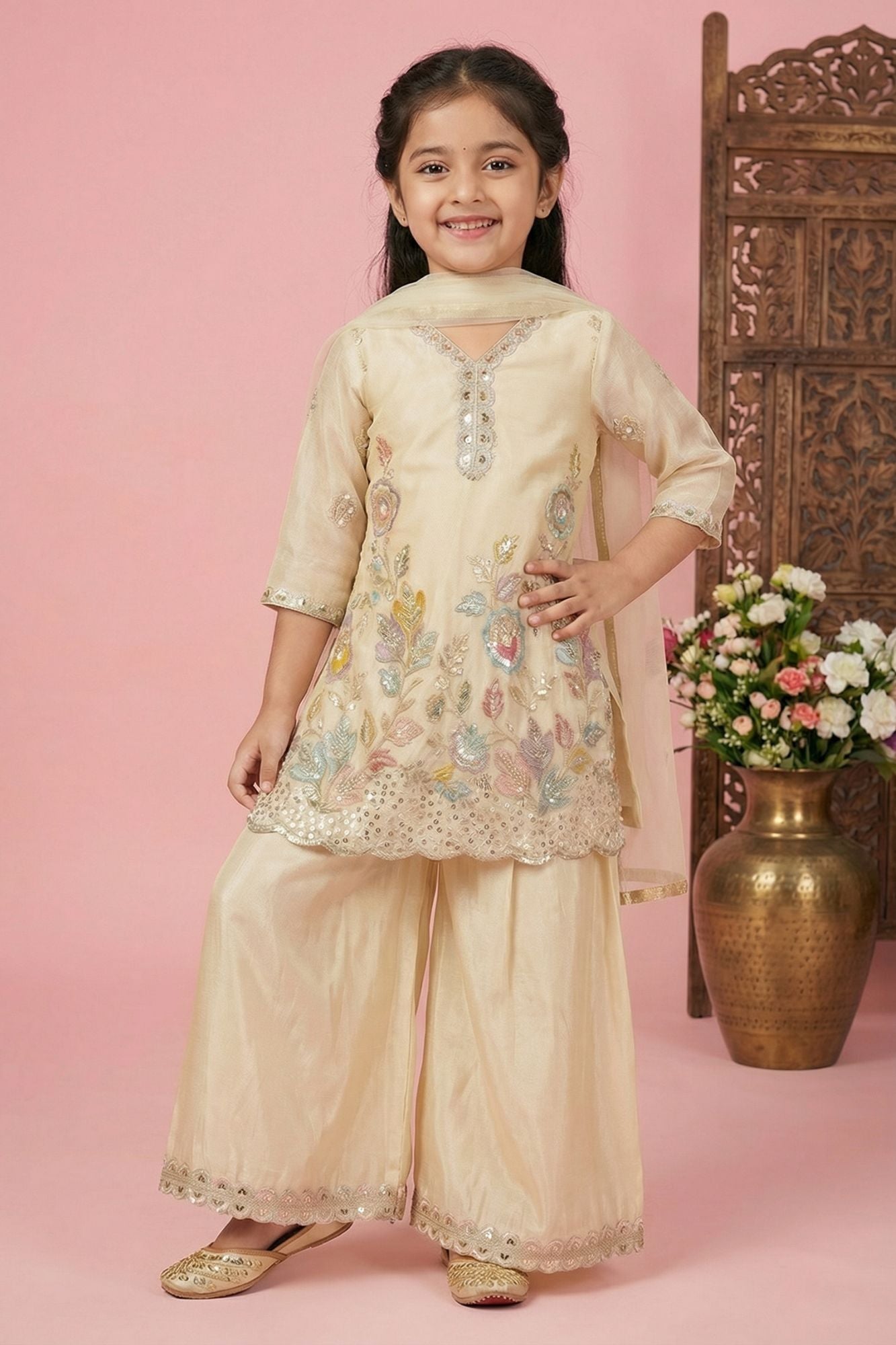 Cream Multicolor Embroidered Palazzo Set with Dupatta For Girls