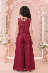 Rust Sequins Work With Thread Embroidery Palazzo Set For Girls