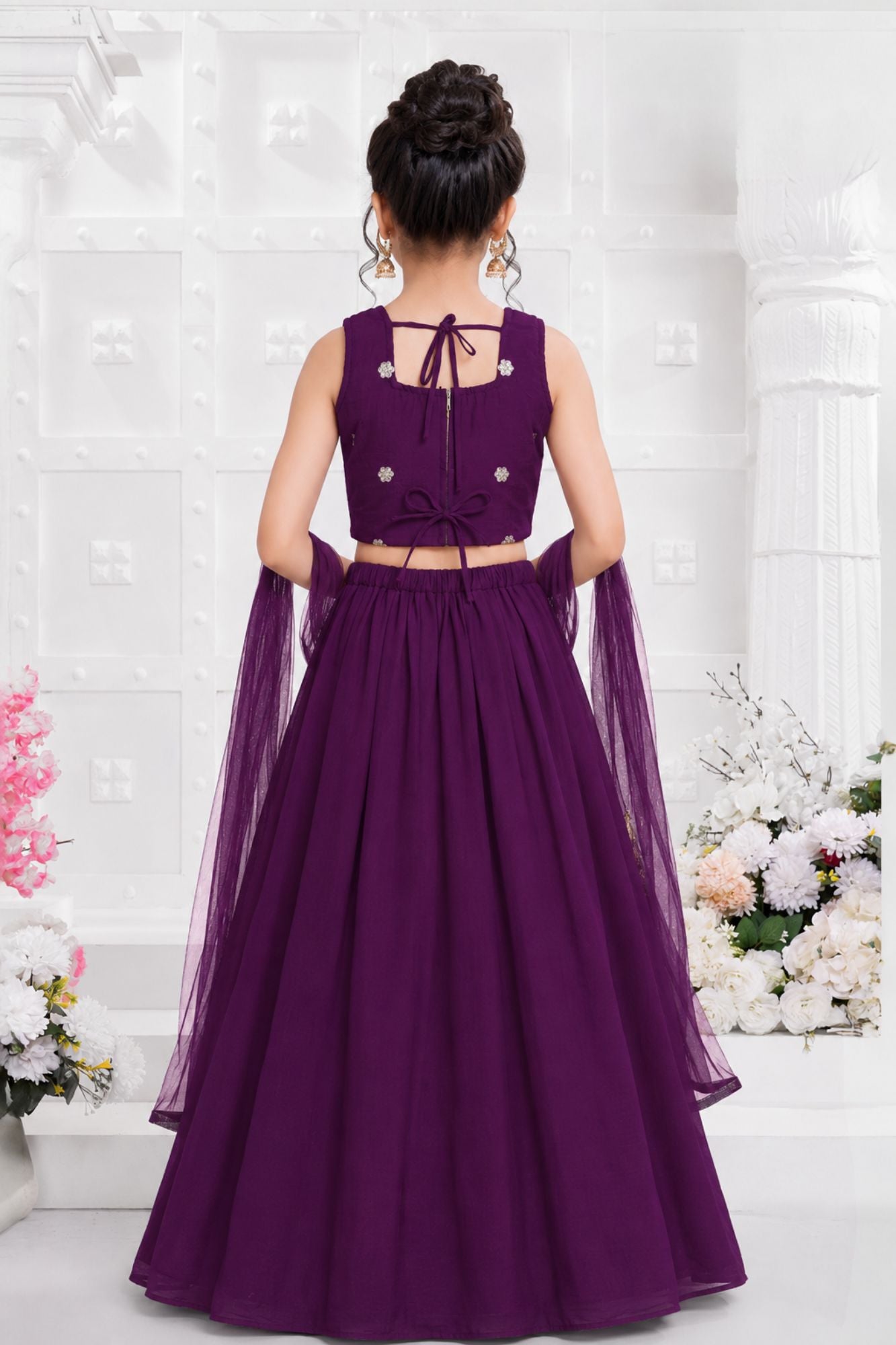 Purple Embroidered Lehenga Choli Set with Dupatta for Girls