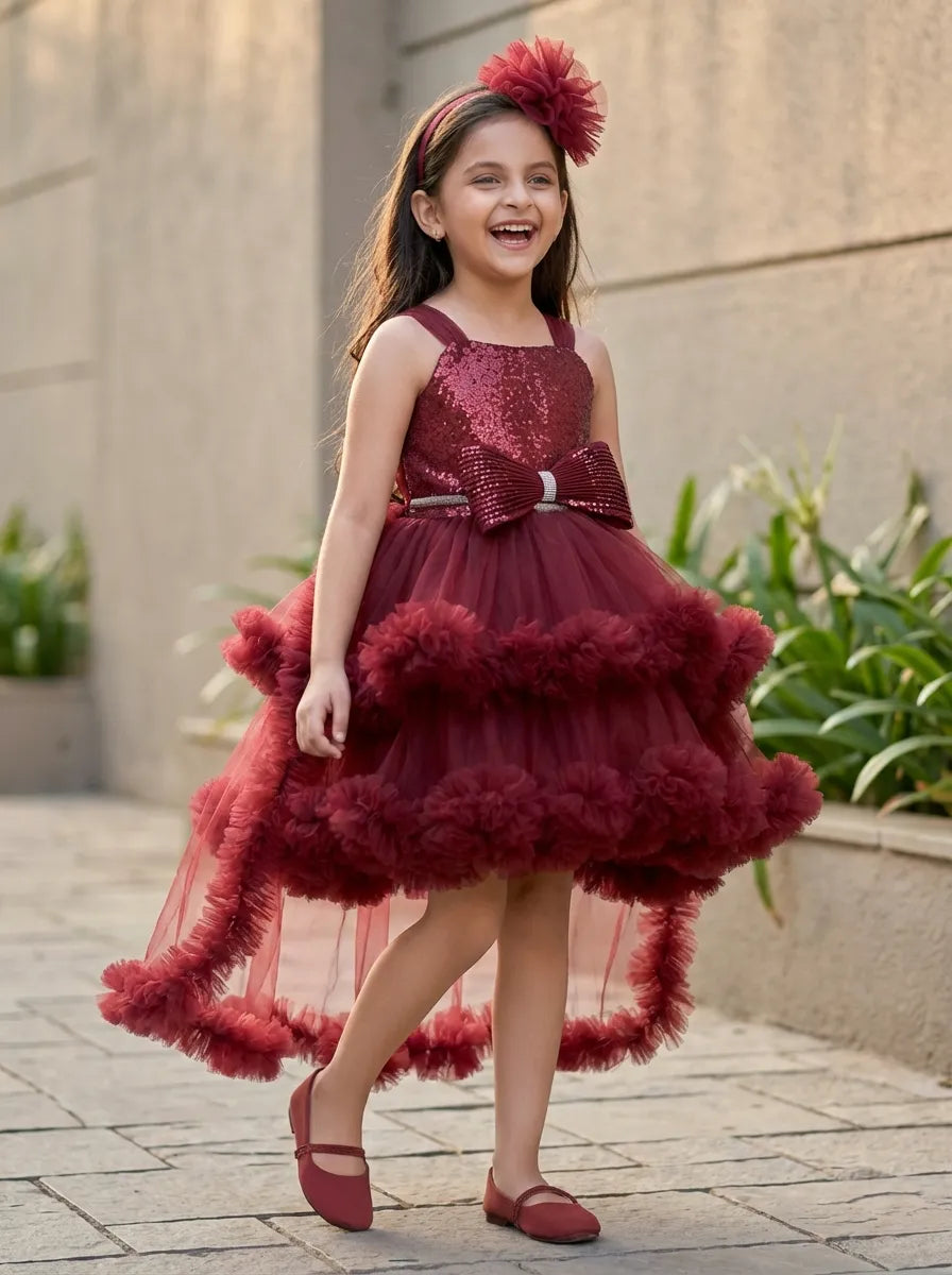 Maroon High-Low Party Wear Tulle Frock With Floral Embellishment For Girls