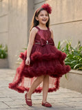Maroon High-Low Party Wear Tulle Frock With Floral Embellishment For Girls