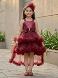 Maroon High-Low Party Wear Tulle Frock With Floral Embellishment For Girls