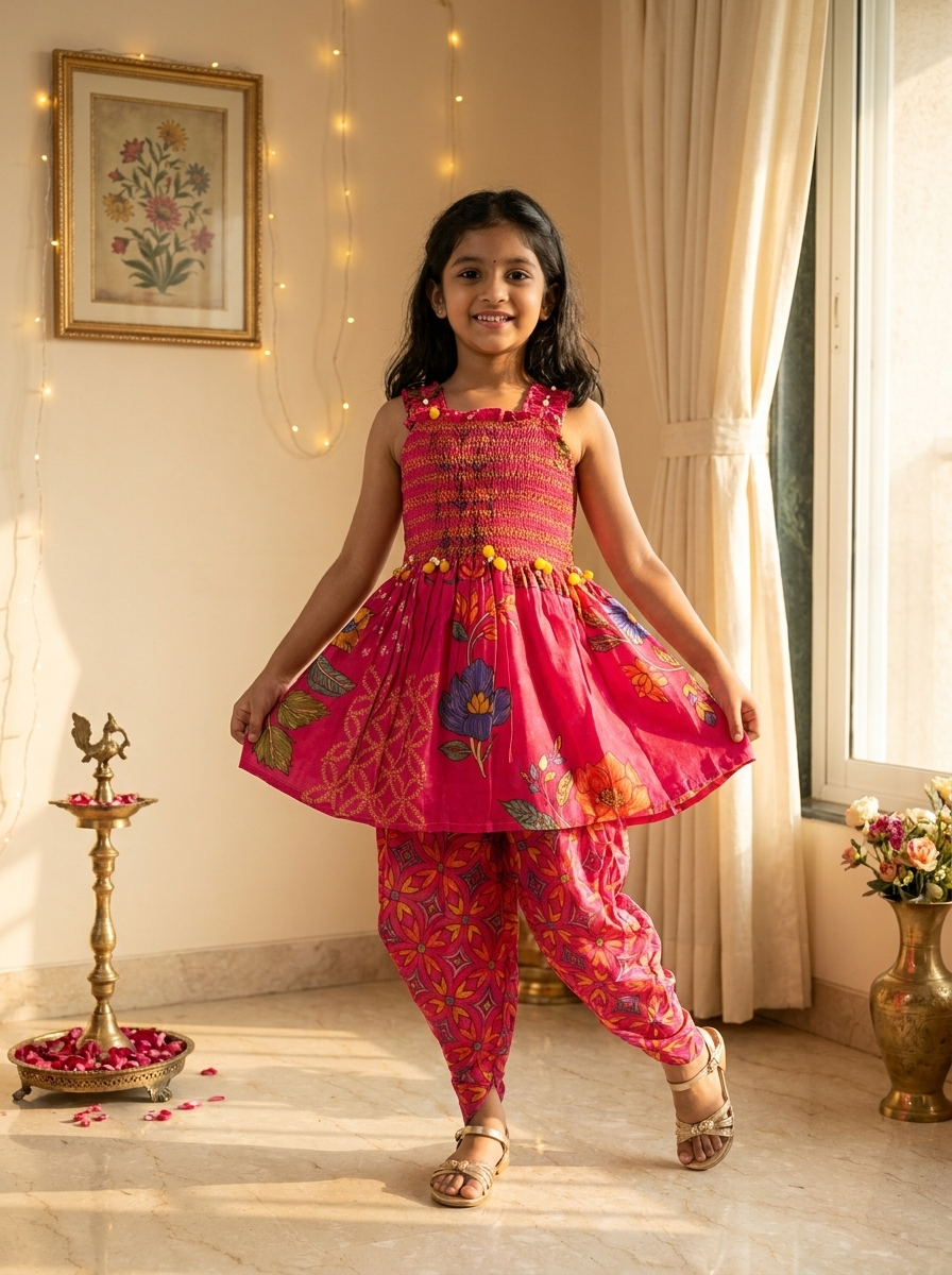 Girls Pink Floral Printed Smocked Dhoti Set with Dupatta