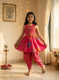 Girls Pink Floral Printed Smocked Dhoti Set with Dupatta