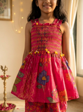 Girls Pink Floral Printed Smocked Dhoti Set with Dupatta
