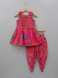 Girls Pink Floral Printed Smocked Dhoti Set with Dupatta