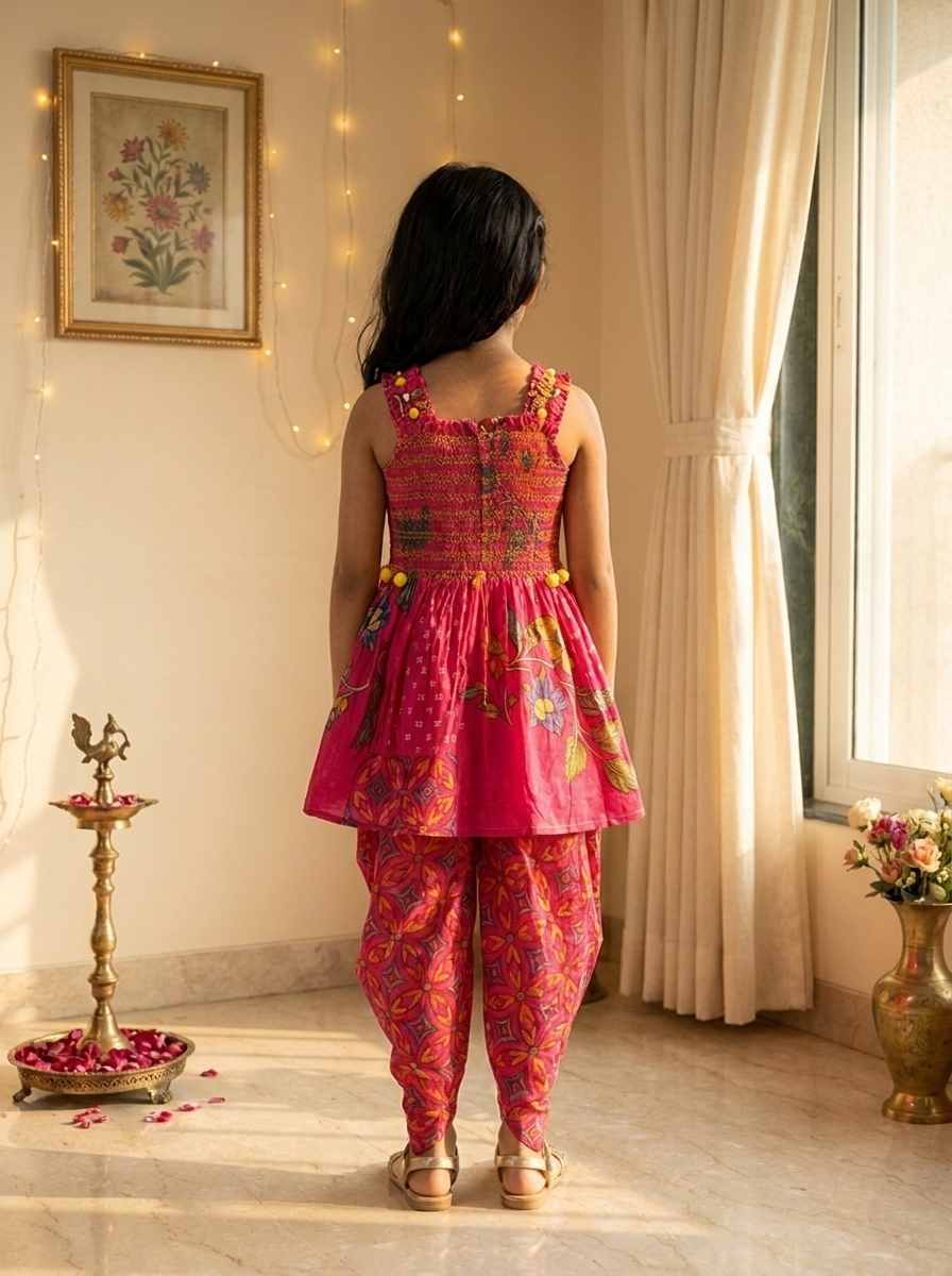 Girls Pink Floral Printed Smocked Dhoti Set with Dupatta
