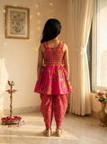 Girls Pink Floral Printed Smocked Dhoti Set with Dupatta