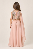 Girls Peach Sequin Embroidered Halter Neck Palazzo Set with Dupatta
