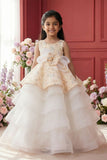 Girls Cream Layered Party Wear Gown with Floral Embroidery And Statement Bow