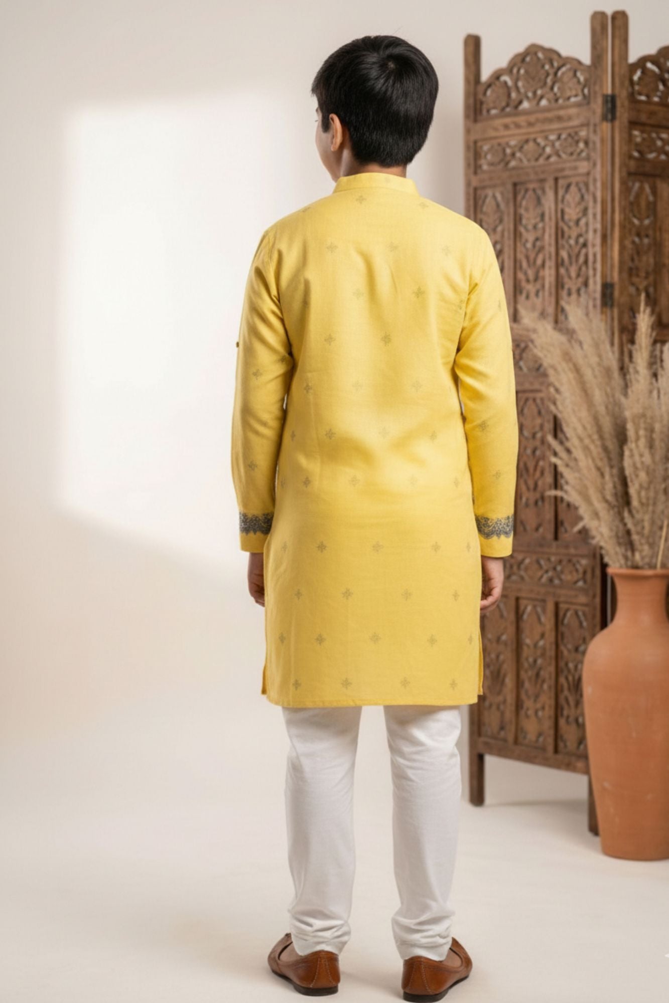 Mustard Yellow Peacock Printed Kurta Pyjama Set For Boys