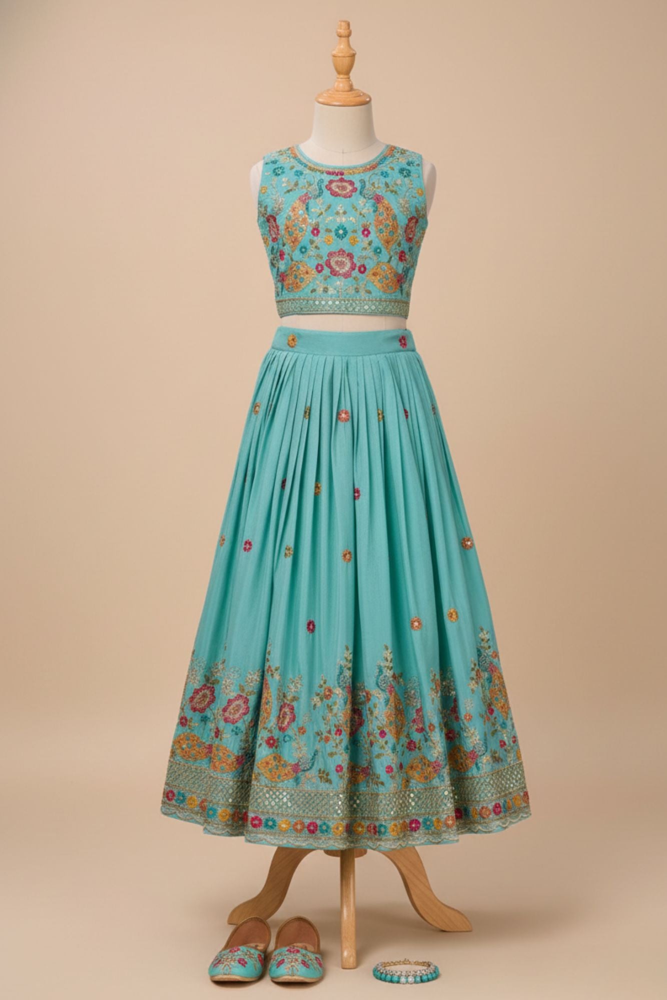 Aqua Blue Multicolor Embroidered Lehenga Choli Set For Girls