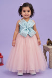 Designer Peach Gown Embellished With Blue Bow For Girls