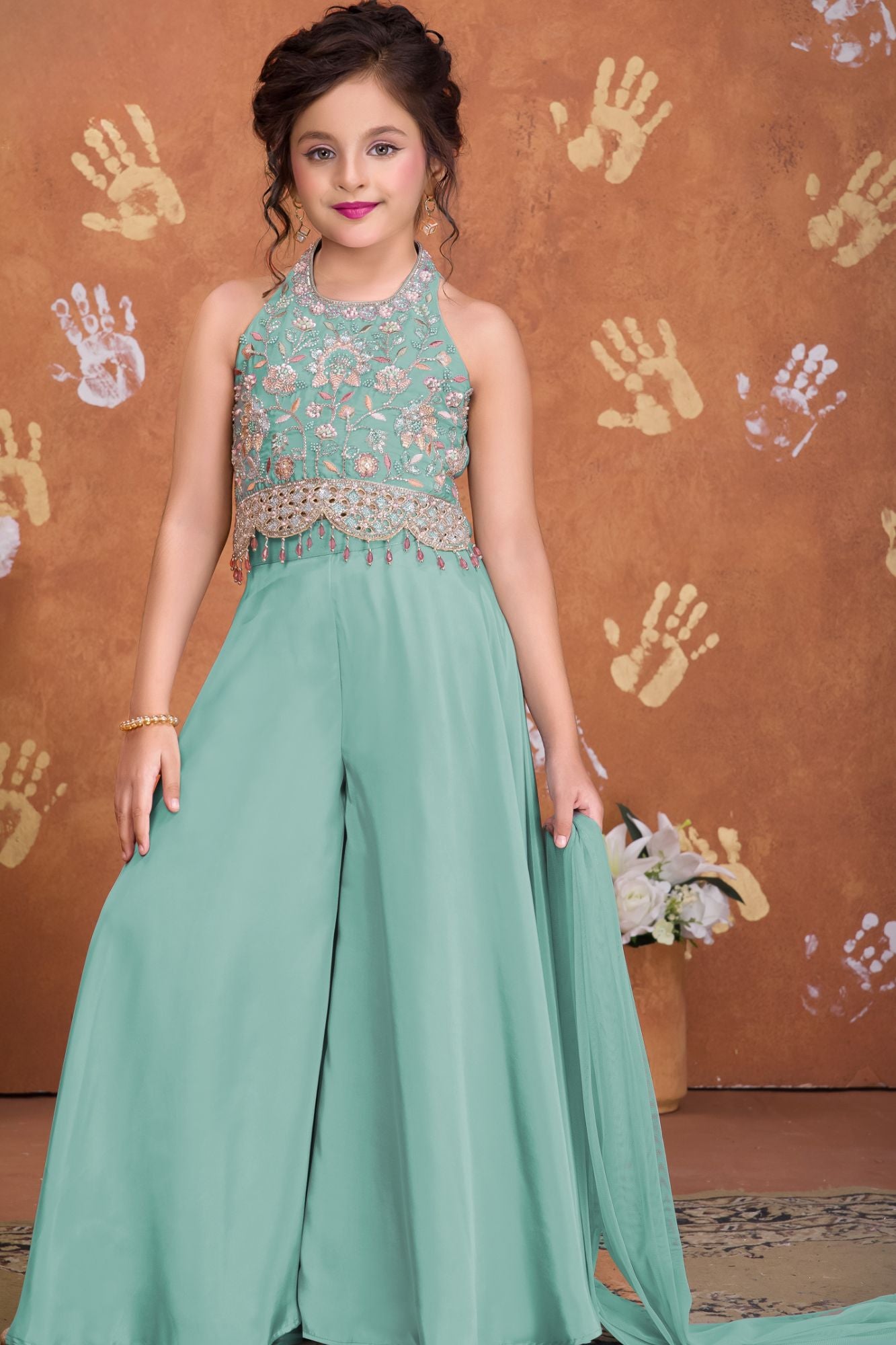 Girls Sea Green Embroidered Palazzo Set With Halter Neck And Dupatta