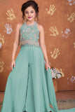 Girls Sea Green Embroidered Palazzo Set With Halter Neck And Dupatta