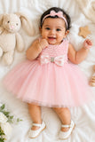 Pink Tulle Party Dress With Satin Bow For Girls