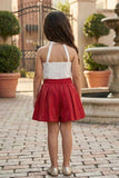 White Halter Top And Red Pleated Shorts Co-ord Set For Girls
